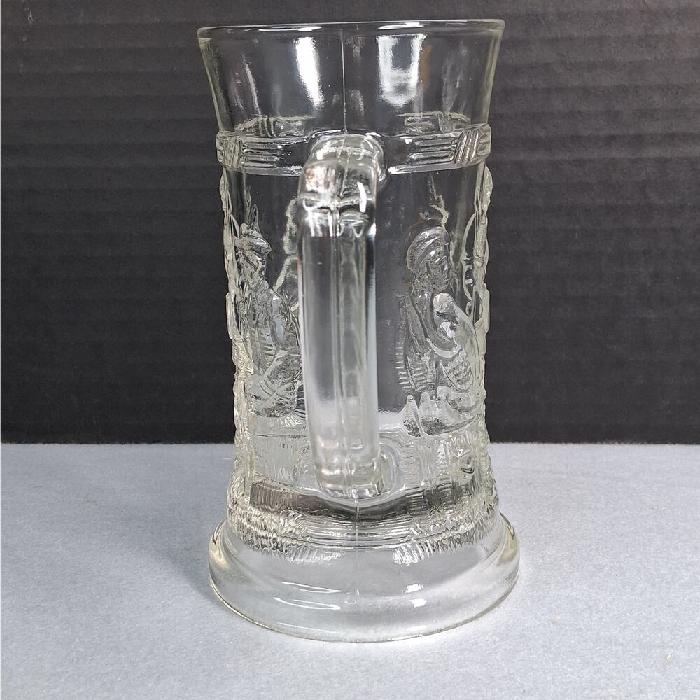 Indiana Glass Tiara Tavern Beer Stein Glass w/ Handle Relief Bar Scene Clear VTG - Picture 2 of 7